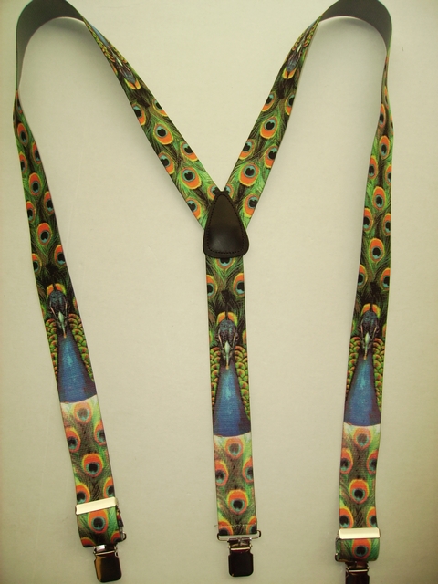 WILD LIFE PEACOCK "Y" Style 1 1/2" X 48" long. All Straps are stretchable Cotton/Polyester Hand Washable-Hang to Dry Material with Real Leather Patch, 3 Strong 1" x 1" High Polished Stainless Steel GRIPS and Two Secure Stainless Steel Adjusters. Fits 4' 8" to 6' 2" Average Build. Y-UB420N48WLPC